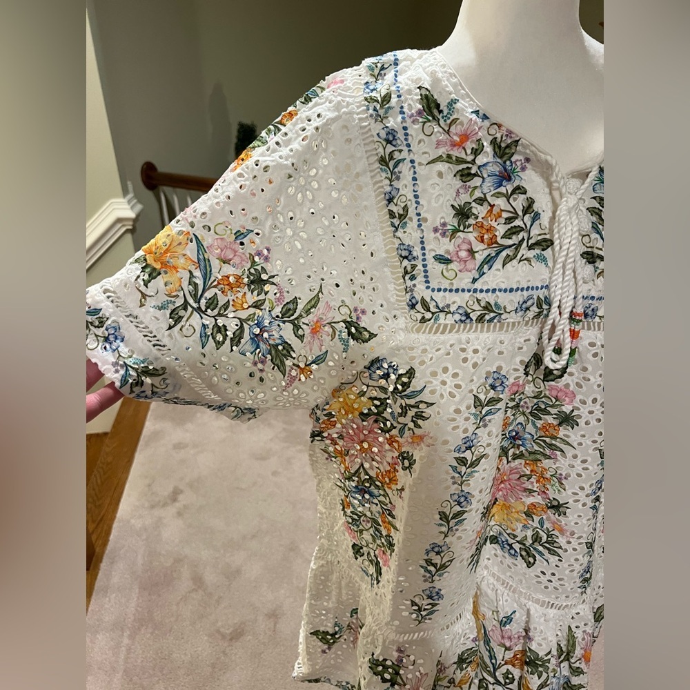 FARM Rio 💐 Sweet Bloom Bouquet Cotton Eyelet Cover-Up Minidress Size L, NWT - Picture 12 of 15